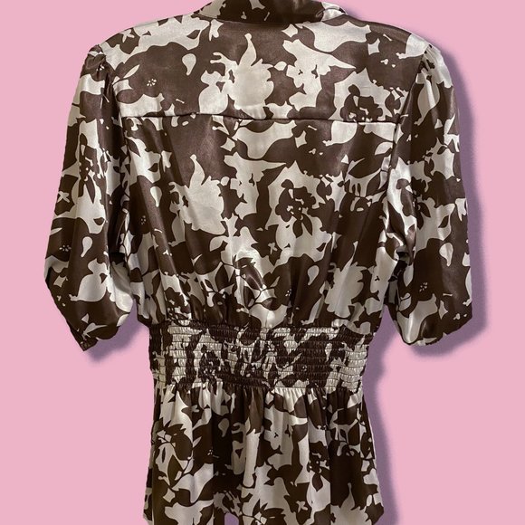 Silky Brown and White Floral BCBG Top - Picture 2 of 3